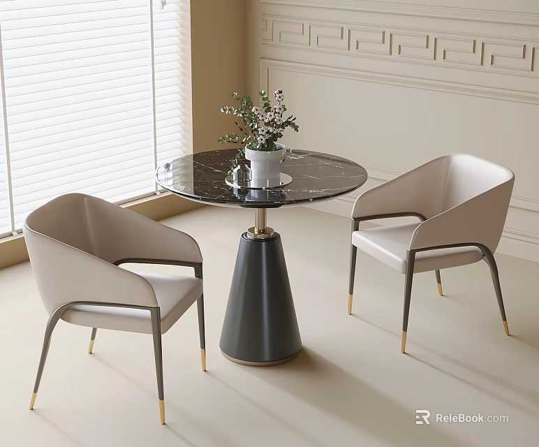 Round Table and Light Beige Chair Set with Black Tabletop Golden Legs and Green Plants 3d model 