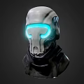 3D Rendered Sci Fi Helmet With Glowing Blue Eyes And Dark Scarf Design