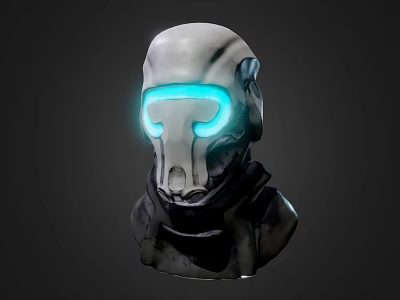 3D Rendered Sci Fi Helmet With Glowing Blue Eyes And Dark Scarf Design 3d model