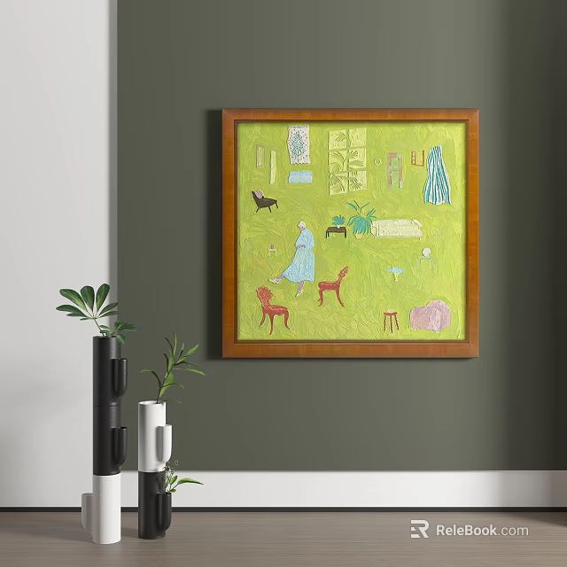 Abstract Painting Wooden Frame Green Background with Blue Dress Figure Black Cat Red Dog Furniture 3d model 