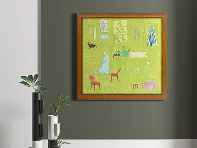 Abstract Painting Wooden Frame Green Background with Blue Dress Figure Black Cat Red Dog Furniture 3d model
