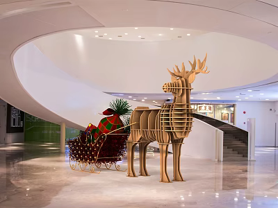 Modern Lobby Interior With Wooden Reindeer Sculpture And Sleigh Decorated With Green Plant Red Fabric 3d model