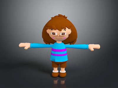 3D Cartoon Child With Brown Hair Blue Shirt Purple Stripes And Brown Shorts Arms Outstretched 3d model