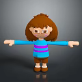 3D Cartoon Child With Brown Hair Blue Shirt Purple Stripes And Brown Shorts Arms Outstretched