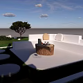 Garden Landscape Design With Wooden Pergola White Chairs Green Plants And Grass Area