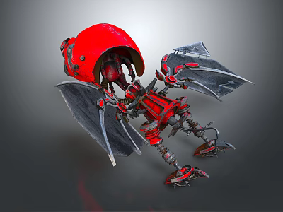 Red Mechanical Robot Device With Winged Structure And Metallic Legs 3d model