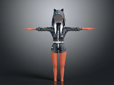 Fashionable Black Hoodie With Wolf Ear Design And Matching Shorts Outfit 3d model