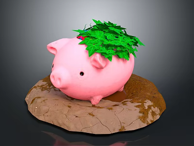 Pink Pig Decorative Ornament With Green Leaves On Brown Stone Base 3d model