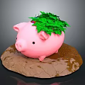 Pink Pig Decorative Ornament With Green Leaves On Brown Stone Base