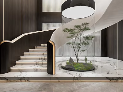 Luxury Spiral Staircase With Marble Steps Golden Handrail And Indoor Plant 3d model