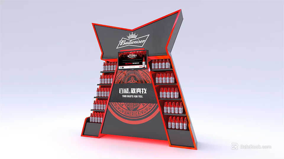 Budweiser Beer Display Rack With Bowtie Shaped Black Red Design And Multiple Bottles 3d model