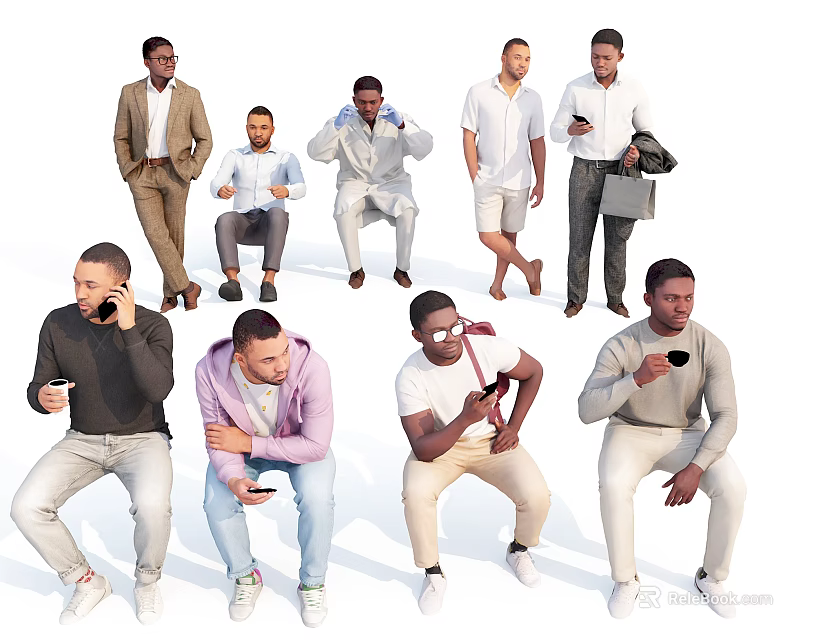 Group of Men in Different Poses Sitting Standing and Holding Items Like Phones and Cups 3d model 