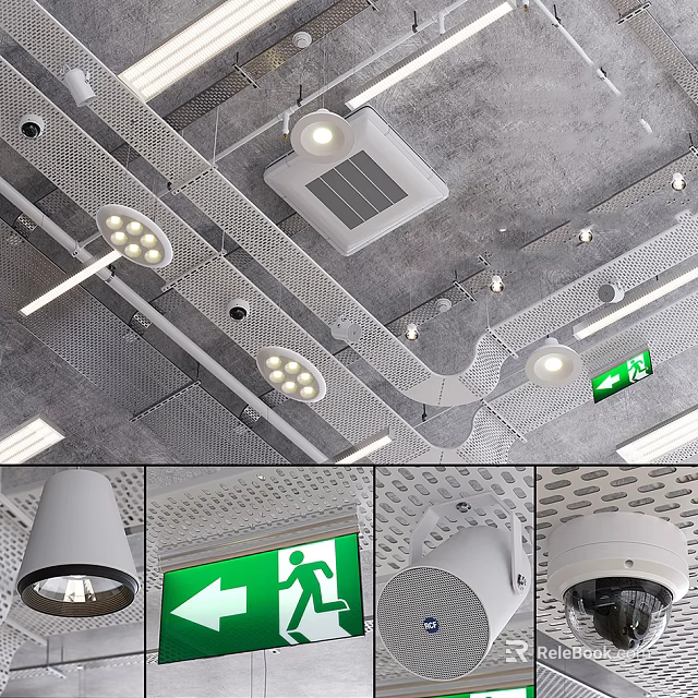Modern Ceiling Design With Downlights Spotlights Metal Grid And Emergency Exit Sign 3d model 
