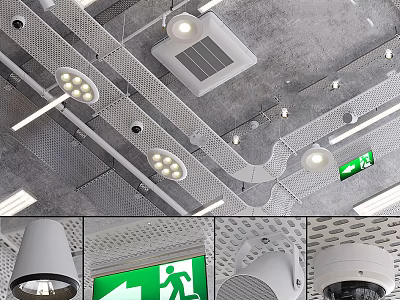 Modern Ceiling Design With Downlights Spotlights Metal Grid And Emergency Exit Sign 3d model