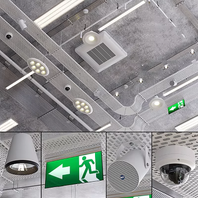 Modern Ceiling Design With Downlights Spotlights Metal Grid And Emergency Exit Sign 3d model