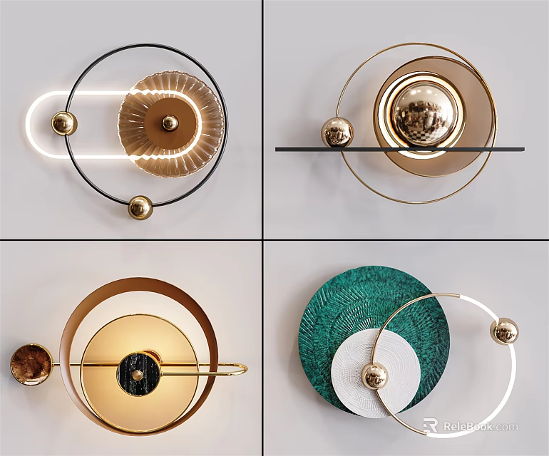 Modern Wall Decor With Geometric Metal Rings Spherical Accents And Gold Green Tones 3d model 