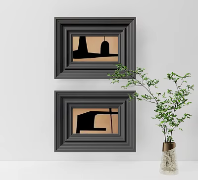 Two Black Framed Abstract Paintings With Geometric Shapes Beige Background And Green Plant In Vase 3d model