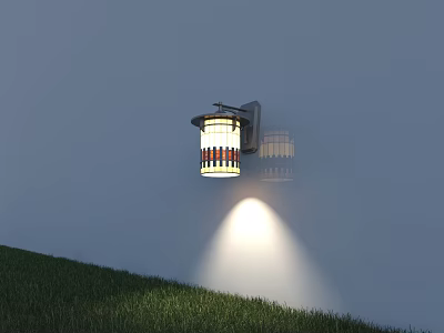 Outdoor Wall Light with Colorful Striped Glass Shade Illuminating Grassy Area on Gray Wall 3d model
