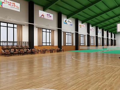Indoor Sports Fitness Gymnasium Featuring Wooden Floor Green Ceiling Large Windows And Spectator Chairs 3d model