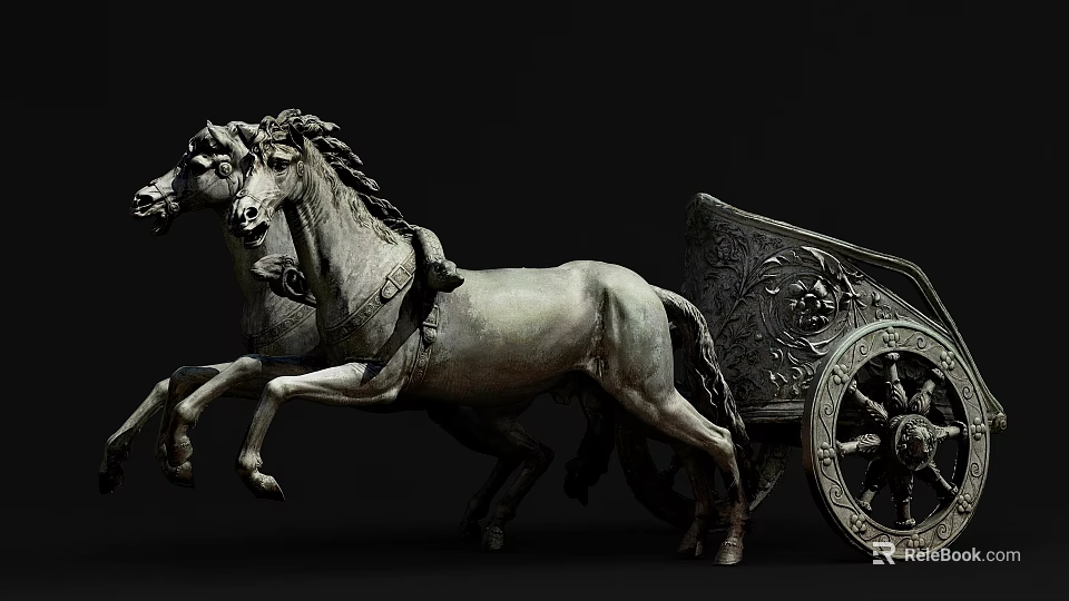 Intricate Classical Sculpture Of Two Horses Pulling Ornate Chariot With Detailed Carvings 3d model 