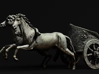 Intricate Classical Sculpture Of Two Horses Pulling Ornate Chariot With Detailed Carvings 3d model