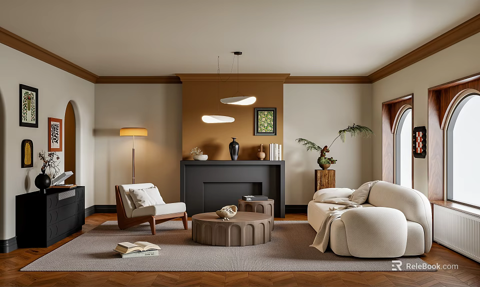 Modern Elegant Living Room Interior With Beige Sofa Round Coffee Table Fireplace And Plant 3d model 