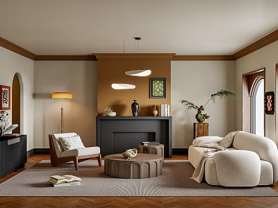 Modern Elegant Living Room Interior With Beige Sofa Round Coffee Table Fireplace And Plant 3d model