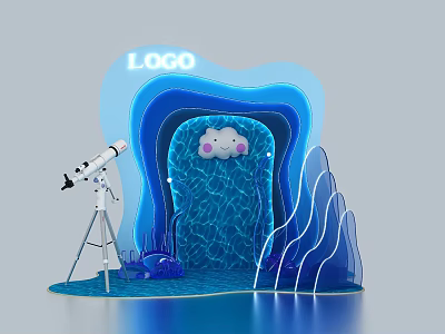 Fun Themed Display With LOGO Smiley Cloud Telescope Blue Wave And Mountain Decorations 3d model