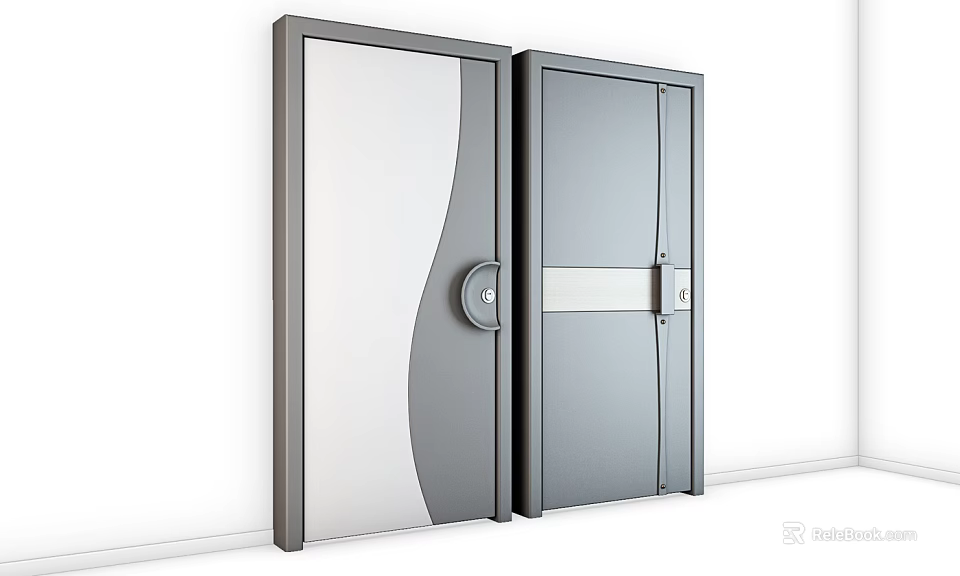Modern Double Swing Doors With Gray White Wavy Design And Silver Lock Strip 3d model 