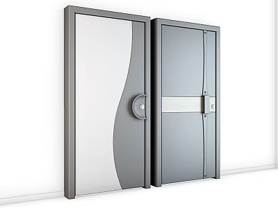 Modern Double Swing Doors With Gray White Wavy Design And Silver Lock Strip 3d model