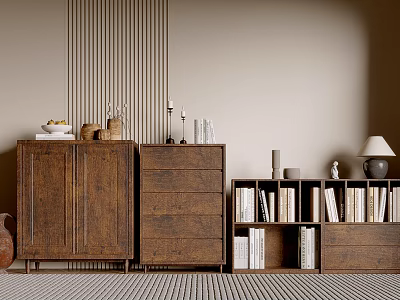 Rustic Wooden Entryway Cabinet And Sideboard With Storage Drawers Books Decorative Lamps And Candlesticks 3d model