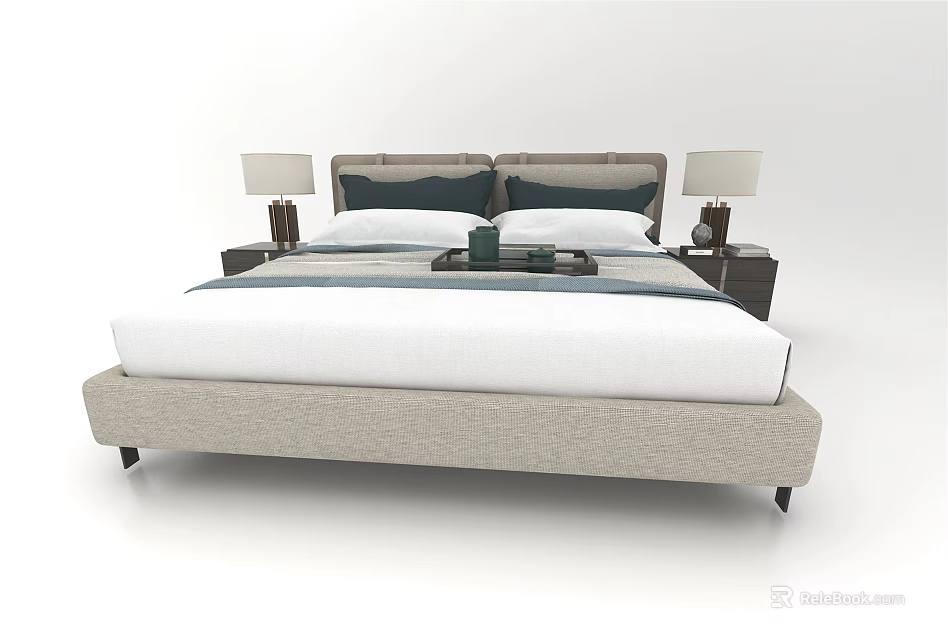 Double Bed With Upholstered Headboard White Bedding Nightstands And Table Lamps 3d model