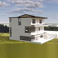 Modern Two Story Detached Villa Featuring White Exterior Black Roof Green Lawn And Scenic View