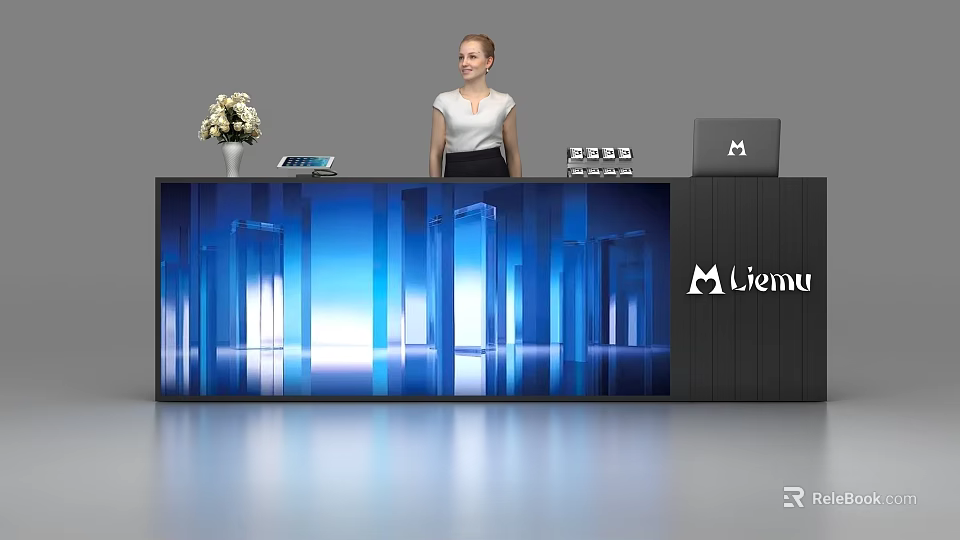 Modern Black Reception Desk With Blue Illuminated Panel Lifemu Logo And Female Receptionist 3d model 