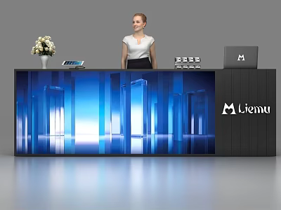 Modern Black Reception Desk With Blue Illuminated Panel Lifemu Logo And Female Receptionist 3d model