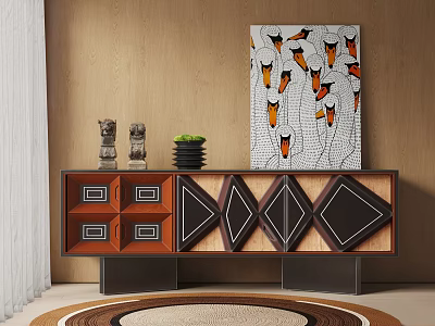Stylish Interior Cabinet With Geometric Patterns Wooden Wall Decorative Items And Colorful Painting 3d model
