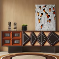 Stylish Interior Cabinet With Geometric Patterns Wooden Wall Decorative Items And Colorful Painting
