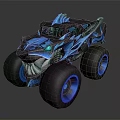 Blue Black Monster Truck With Flame Patterns Large Tires Green Lights And Biological Design
