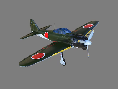 Green Fighter Jet Model with Red Circle Wing Markings and Propeller Design Features 3d model