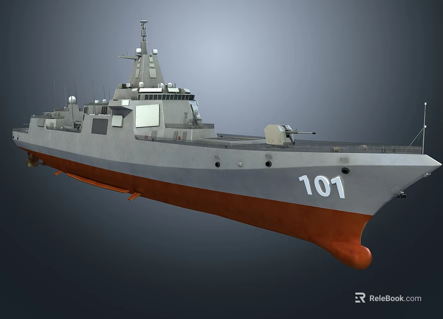 Modern Warship Exterior With Gray And Orange Hull And Number 101 On Deck 3d model 