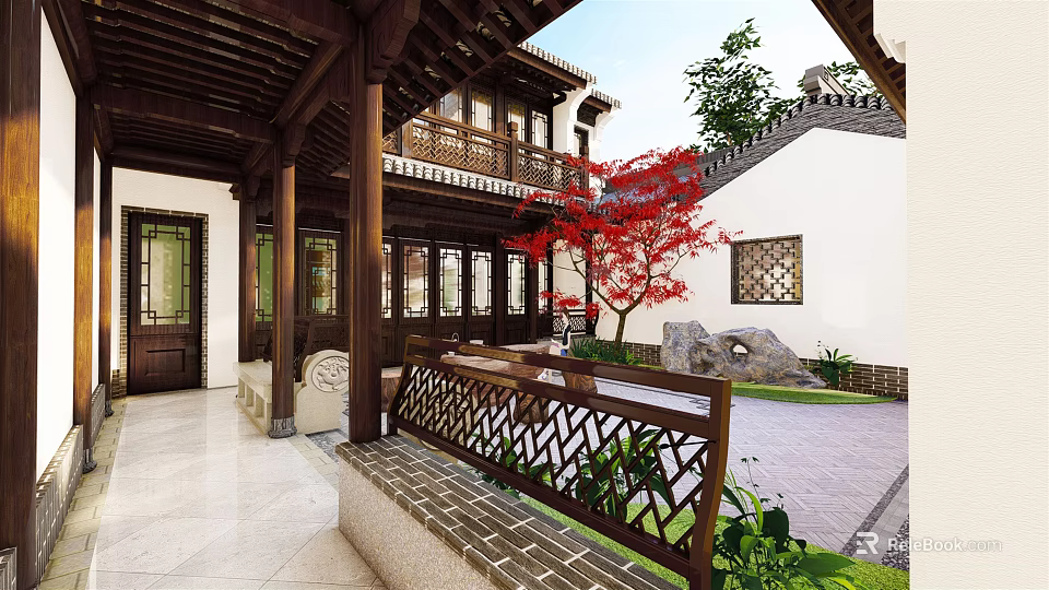 Chinese Style Detached Villa Courtyard With Wooden Railing Red Maple Tree And Traditional Architectural Elements 3d model 