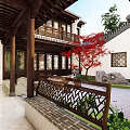 Chinese Style Detached Villa Courtyard With Wooden Railing Red Maple Tree And Traditional Architectural Elements