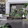 Modern Courtyard Garden with Outdoor Sofa Coffee Table Lush Plants Trees and Gray Stone Slabs