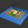 Fresh Food Plate with White Tofu Boiled Eggs Green Vegetables Red Garnish on Blue Mat