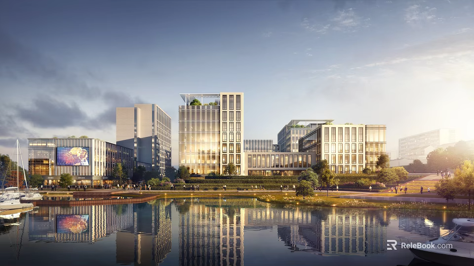 Modern Commercial Street Urban Landscape With Tall Buildings Greenery And Water Reflection 3d model 