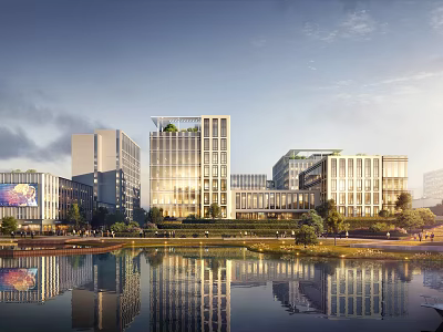 Modern Commercial Street Urban Landscape With Tall Buildings Greenery And Water Reflection 3d model