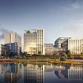Modern Commercial Street Urban Landscape With Tall Buildings Greenery And Water Reflection