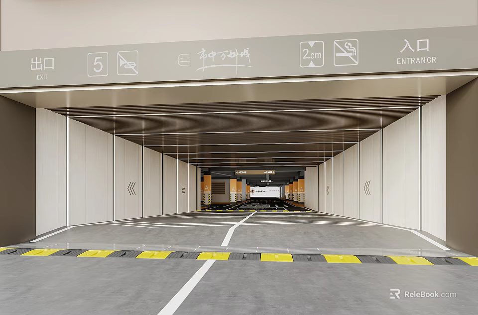 Modern Parking Garage Entrance With Clear Directional Signs And Yellow White Floor Lines 3d model 