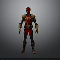 Futuristic Superhero Character In Red And Black Armored Suit With Gold Accents