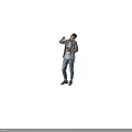 Man Raising Hand Holding Phone Wearing Gray Shirt Blue Jeans And Sneakers Against Gray Background